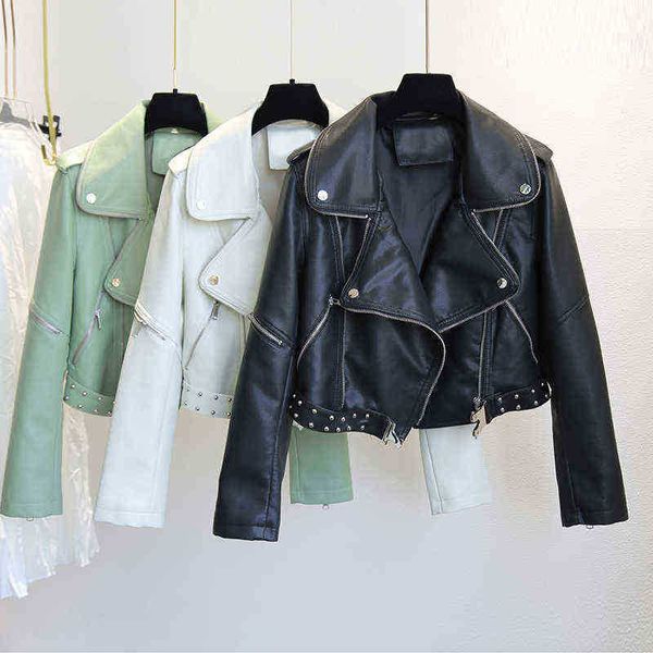 

ftlzz spring autumn faux leather jacket women rivet punk biker jacket soft pu white leather jacket motor runaway casual streetwear j220727, Black