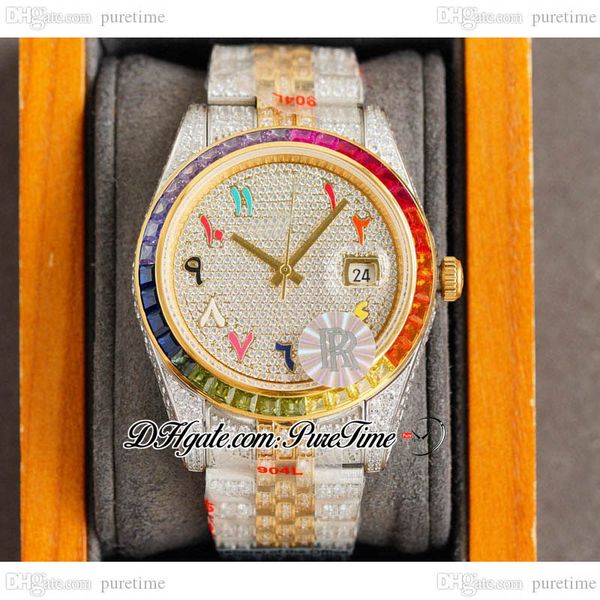 

rf 41mm 126334 eta a2824 automatic mens watch rainbow bezel two tone yg paved diamond dial color arabic script fully iced out 904l stainless, Slivery;brown