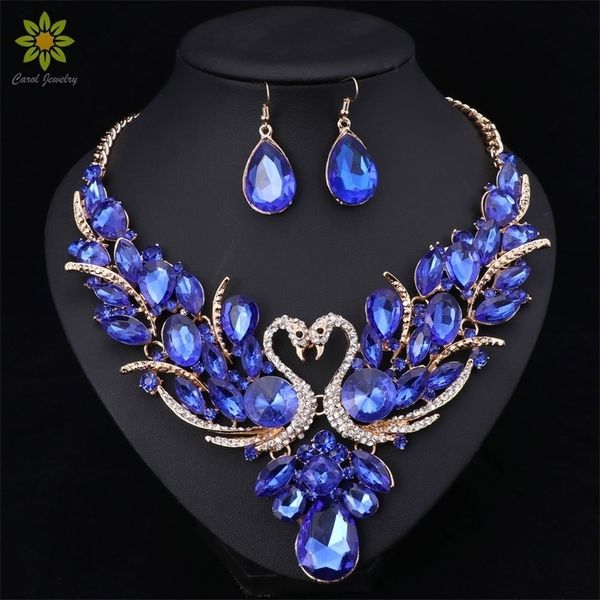

wedding jewelry sets crystal bridal gold color swan pendant necklace women gift party prom earring accessories 221115, Slivery;golden