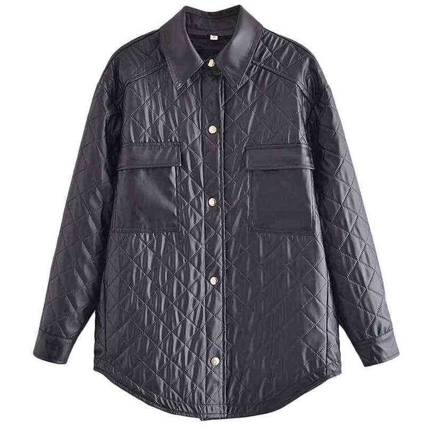 

adherebling woman 2021 casual hit chic argyle quilted relief faux pu leather jacket bag poppers loose jacket femme j220727, Black