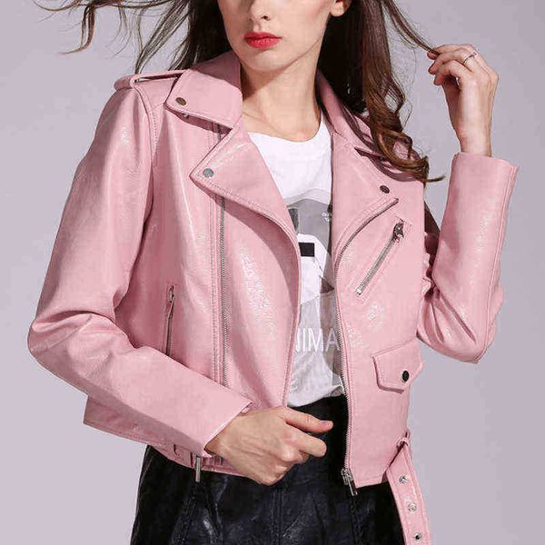 

ailegogo new spring autumn women soft faux leather short jackets streetwear lady bomber moto biker pu outerwear jacket with belt j220727, Black