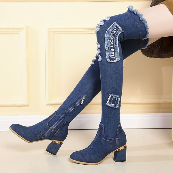 

boots womens denim over the knee pointed toe thick high heels shoes woman casual tassel cut out jeans long botas mujer 221115, Black