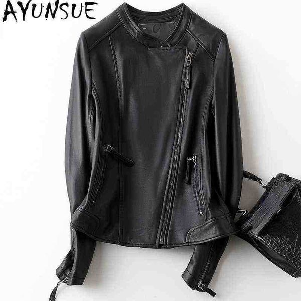 

ayunsue real sheepskin leather coat women spring autumn 2021 short biker jackets women fur clothing jaqueta feminina gxy369 j220727, Black