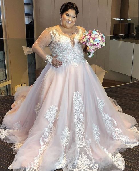 

plus size wedding dress blush pink with long sleeve lace appliques bridal gowns pearls a-line large size sweep train gorgeous, White