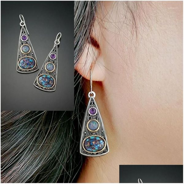 

dangle chandelier dangle earrings fashion creative large triangle filled purple stone ethnic style electroplating antique gold and dhawh, Silver