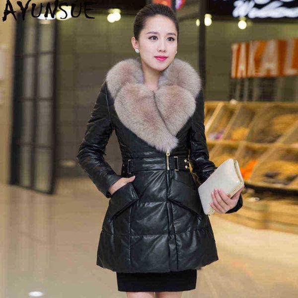 

ayunsue sheepskin coat female fox fur collar down jacket winter coat women genuine leather coat long jackets chaqueta mujer mine j220727, Black