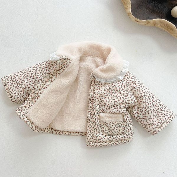 

rompers toddler baby girl cotton clothes winter lace stitching lapel floral jacket for infant plus velvet thickening children's clothin, Blue