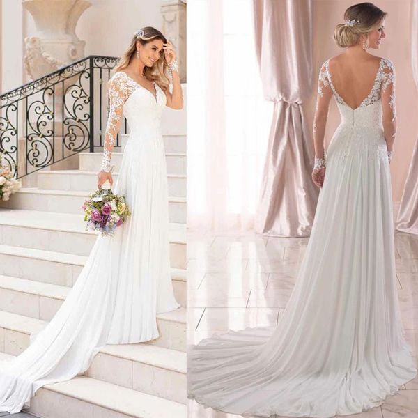 

v neck long sleeve wedding dress backless white bridal gowns for wedding party country vestido de novia a-line