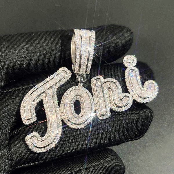 

new trendy yellow white gold plated shiny cz stone diy custom name letter pendant necklace with 24inch rope chain, Silver