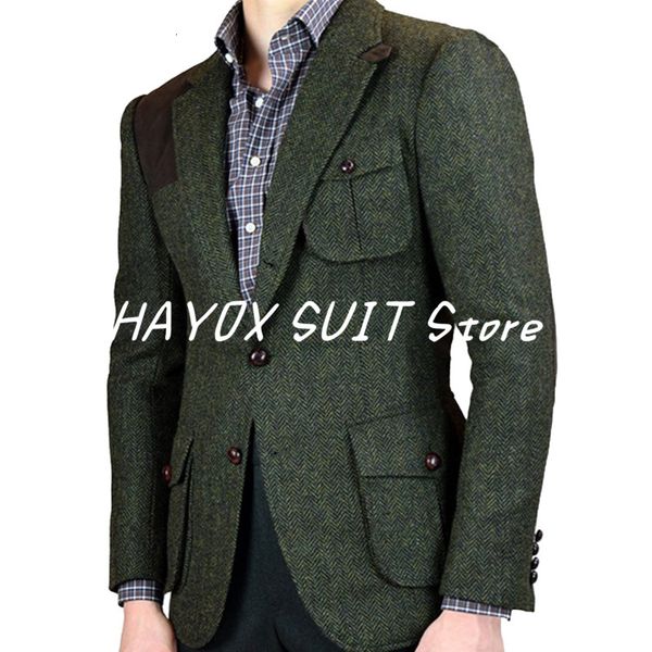 

men's suits blazers dark green suit jacket herringbone single breasted multi pocket coat groom groomsmen wedding banquet wool blazer 22, White;black