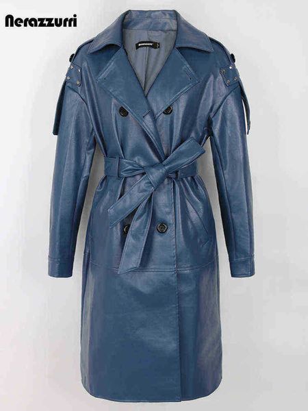 

nerazzurri spring autumn long blue red faux leather trench coat for women with back split sjerpen double breasted raincoat 2022 j220727, Black