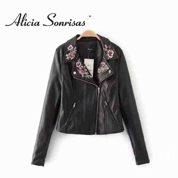 

spring women 2022 new leather jacket embroidery pu black random short leather jacket street hipster bags biker jacket j220727