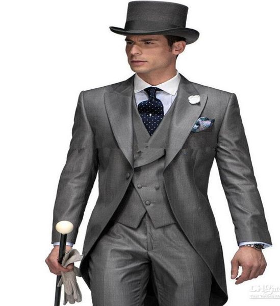 

2015 european style slim fit groom tailcoats grey peaked lapel prom suit custom groomsmen mens wedding suits jacketpantsvestt4505034, Black;gray