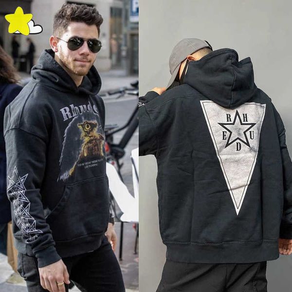 

men's hoodies & sweatshirts fleece streetwear washed black vintage rhude hoodie men women tags eagle print triangle star sleeve rhude p