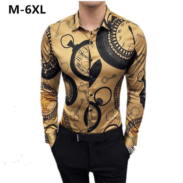 

large size 6xl men shirt fashion club clothing mens floral printing shirt slim long-sleeved baroque party2614, White;black