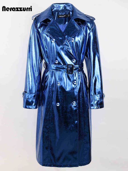 

nerazzurri spring autumn long shiny reflective lacquer leather trench coat for women sharpen double breasted european fashion 2022 j220727, Black
