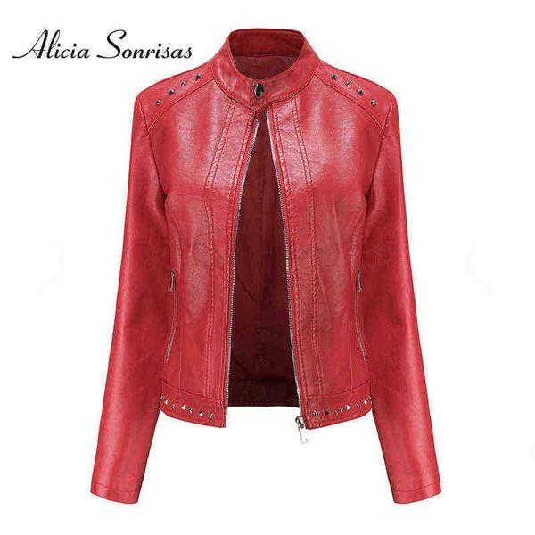 

moto fur jacket women rivets fashionable urban leisure long sleeves stand collar casual biker jacket streetwear black leather j220727