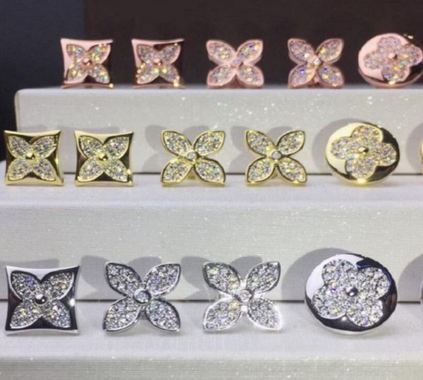 

womens designer stud earrings fashion fourleaf clover earrings 18k gold square round full diamond earring jewelry6134436, Golden;silver