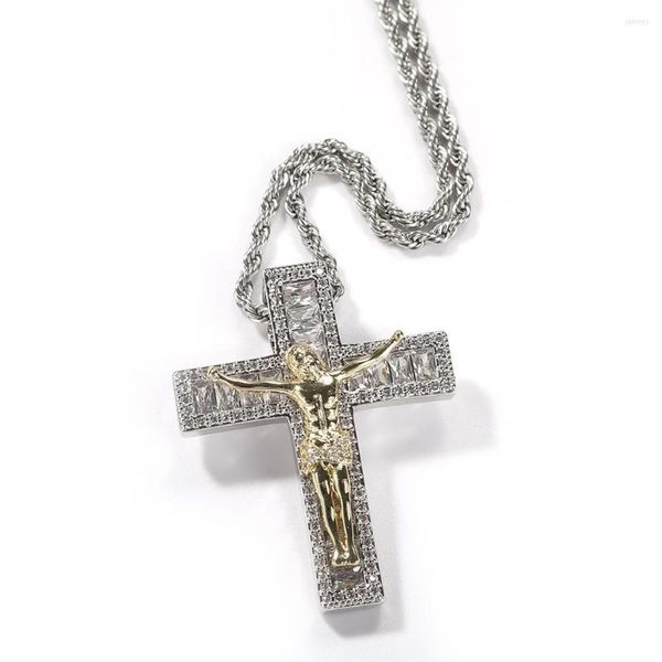 

fjxppendant necklaces hip hop iced out crucifix cross two-color religious jesus baguette zircon for men and women rock j, Silver