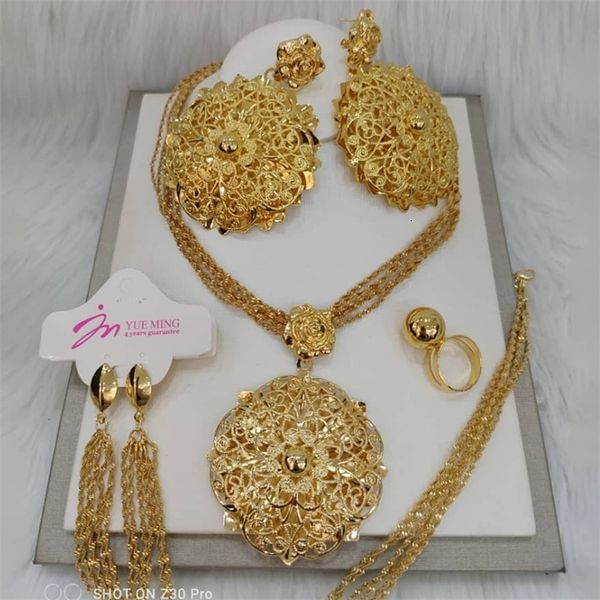 

wedding jewelry sets dubai gold plated set for women luxury big flower pendant necklace and earrings weddings gifts bridal accessory 221115, Slivery;golden
