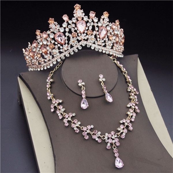 

wedding jewelry sets korean crystal bridal for women fashion tiaras earrings necklace crown bride dubai set accessories 221115, Slivery;golden