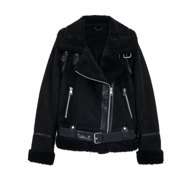 

26 women's fur women winter lamb wool coat 2022 plus velvet thick leather jacket motorcycle suit warm size s-2xl, Black