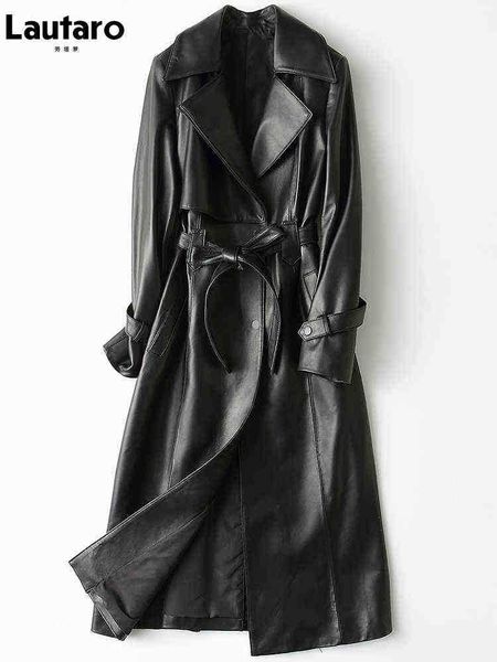 

lautaro autumn long black pu leather trench coat for women long sleeve belt elegant british style fashion 2021 4xl 5xl 6xl 7xl j220727