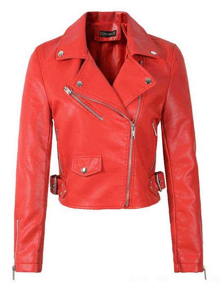 

ftlzz women black faux leather jackets pu motorcycle zipper faux soft leather rivet zipper red pink turndown collar outerwear j220727