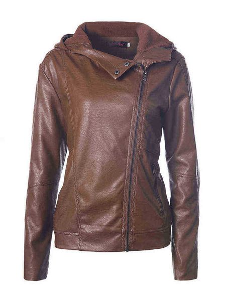 

ailegogo new spring autumn women hooded pu faux soft leather short jacket streetwear female moto biker zipper slim jacket outrunner j220727, Black