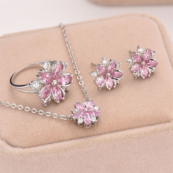 

wedding jewelry sets female pink crystal snowflake ring earrings necklace cute cherry flower stud pendants 221115, Slivery;golden