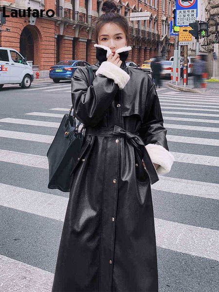 

lautaro winter long warm thick leather trench coat for women with faux fur inner belt loose korean fashion 2021 fur lined parka j220727, Black