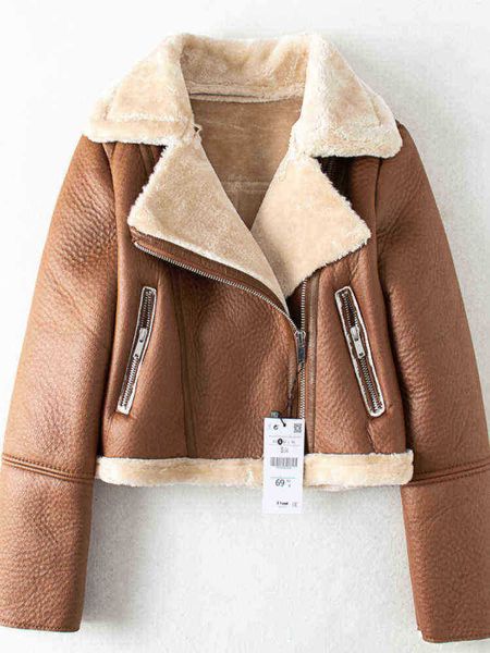 

ftlzz winter brown faux leather jacket faux fur warm short jacket biker streetwear leather moto jacket faux lamb leather jackets j220727, Black