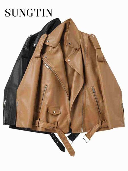 

sungtin fashion moto biker faux leather jacket women with belt pu loose casual jackets female spring autumn zipper vintage outfit j220727, Black