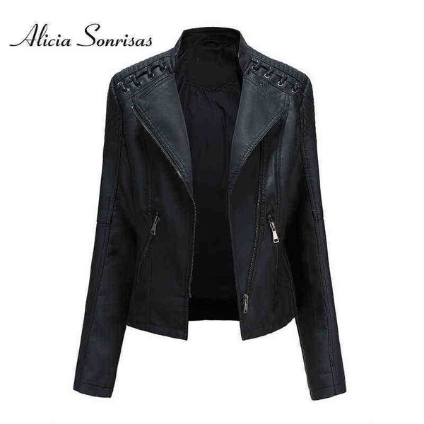 

2021 new spring autumn women leather jacket women short slim thin leather allmatching ladies motorcycle biker jacket j220727, Black