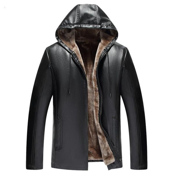 

men's fur faux fur autumn winter mens leather jacket hooded plus velvet thick warm leather jacket men social mens motorcycle biker jack, Black