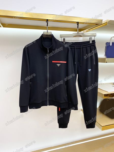 

xinxinbuy men designer coat jacket sets metal triangle label milano zipper print cotton long sleeve women green white black s-4xl, Black;brown