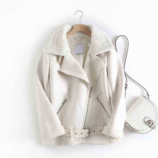 

ailegogo new autumn winter women faux lamb leather jacket streetwear thick sheepskin female loose jacket with belt outrun j220727, Black