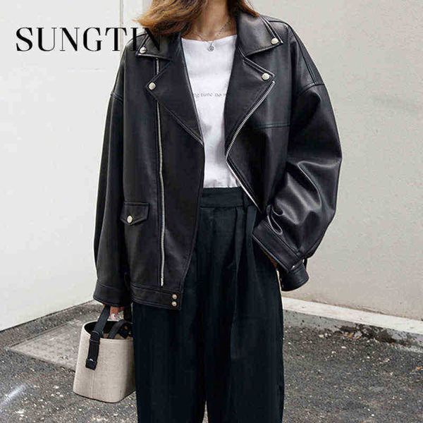 

sungtin fashion new loose pu faux leather jackets women spring autumn lapel street casual jackets female moto biker korean runaway j220727, Black
