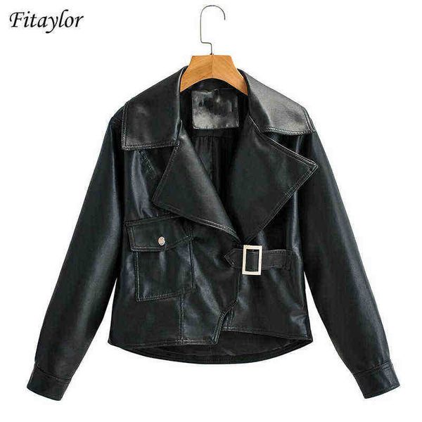 

fitaylor spring autumn lapels loose faux leather short jacket women bf style loose pu leather jacket large pocket locomotive outfit j220727, Black