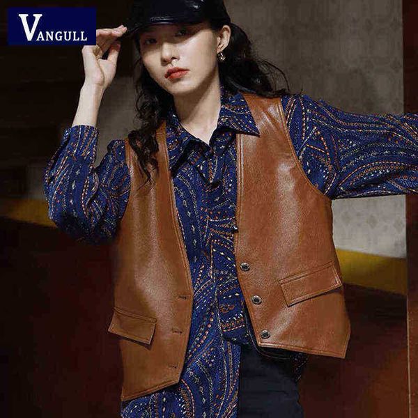 

vangull vintage brown short leather vest women spring new spring single breasted vest female sleeveless slim fashion vest j220727, Black