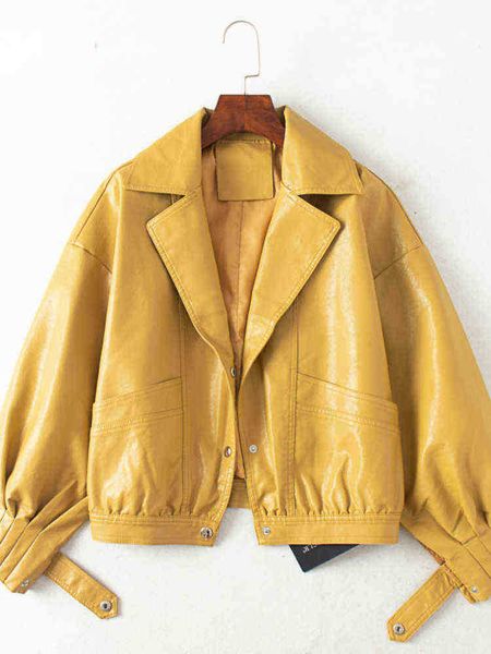 

loose faux leather jacket women lapel singlebreasted short leather coat ladies spring autumn streetwear moto van biker pu outwear j220727, Black