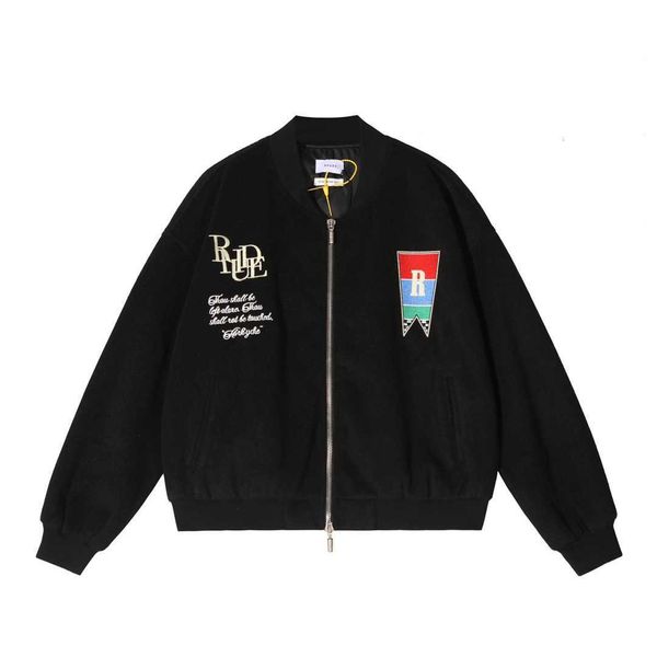 

fleece 2022 rhude vintage flower letter embroidered woolen men's and women's 1 1 baseball jacket black oversize loose bamber qy24