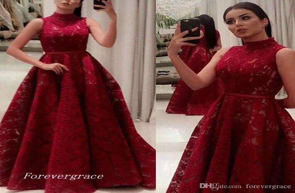 

2019 arabic dark red lace evening dress modest high neck zipper long formal party gown custom made plus size2153051, Black;red