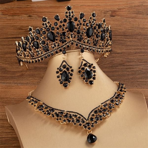 

wedding jewelry sets uodcm baroque vintage black crystal tiara crown women queen bridal bride stud earring choker necklace 221115, Slivery;golden