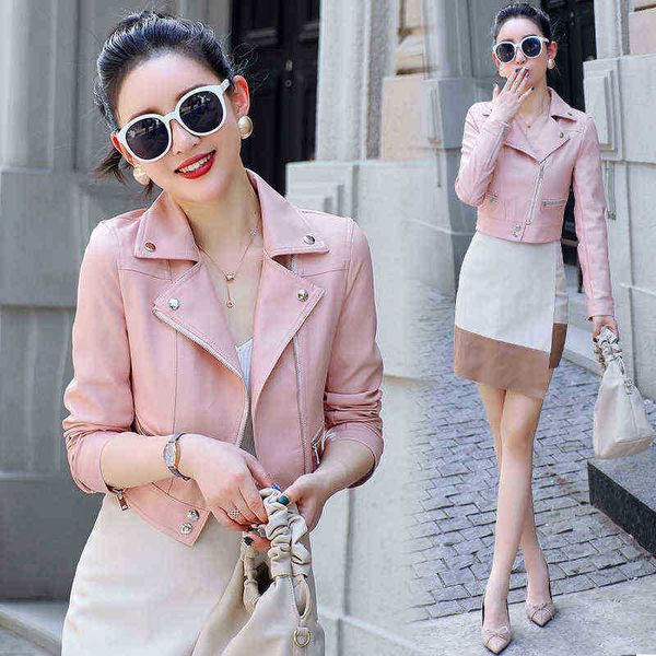 

2022 new autumn women pu leather jacket woman zipper short jacket female black punk bomber faux leather outfit spring blazer j220727