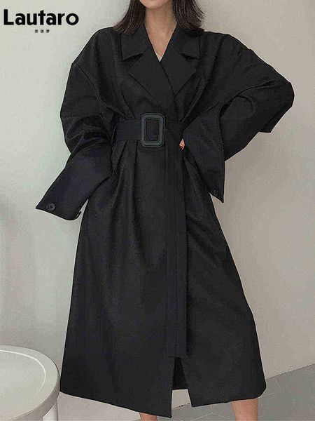 

lautaro spring autumn long oversized black trench coat for women belt runway designer luxury loose stylish korean fashion 2022 j220727