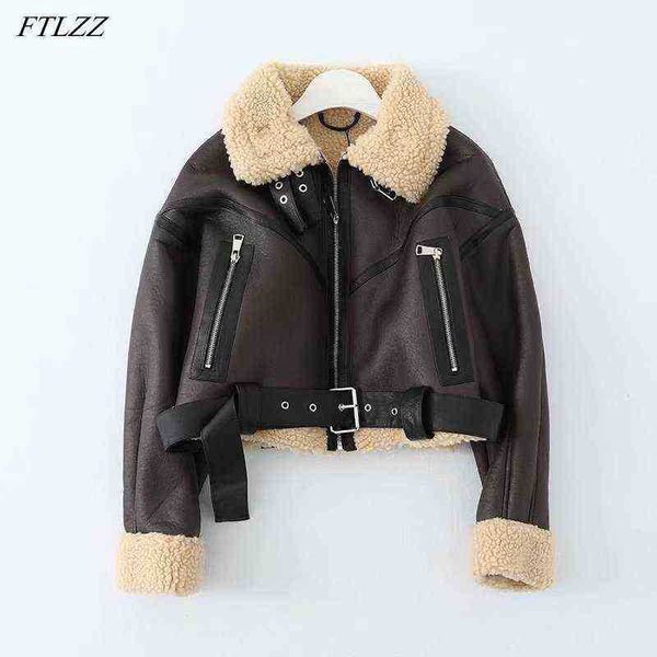 

ftlzz new winter women streetwear faux lambskin fur short jacket with belt moto biker thick warm sheepskin jacket outrun j220727, Black