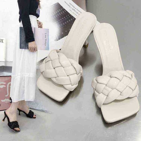 

line summer one belt knitted sandals female high heel fairy open toe square head thin comfortable cool, Black