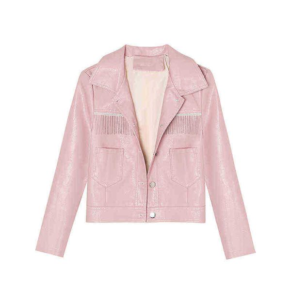 

2022 new spring women pu leather coat single breasted tassels faux soft leather short jacket collar motorcycle outfit j220727, Black