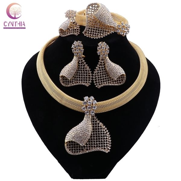 

wedding jewelry sets cynthia luxury nigerian dubai for women bridal gold color necklace earrings bracelet ring 221115, Slivery;golden